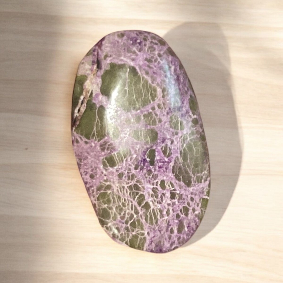 Atlantisite Palm Stone - Portable Green and Purple Healing Crystal for Emotional Healing and Calming Energy